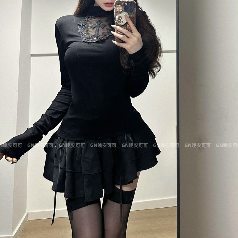 Sexy Halloween Cosplay Gothic Dark Hollow-Out Cross Slim-Fit Long-Sleeve Lace Top Cake Skirt Set