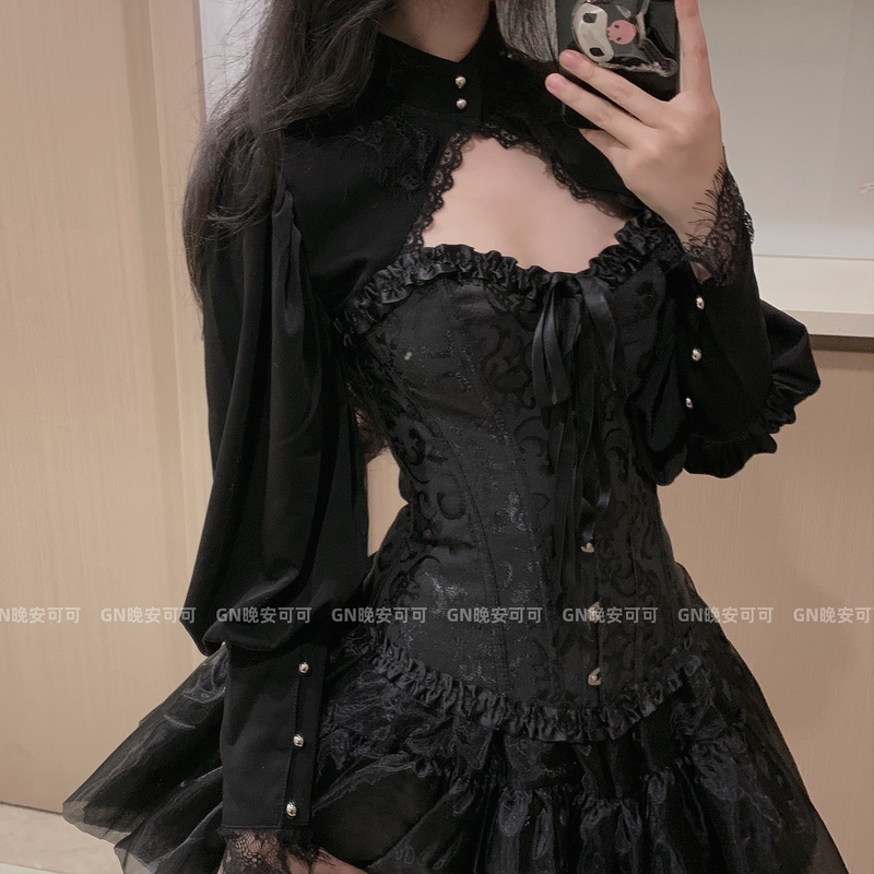 Halloween Costume Lace Trim Design Dark Court Style Solid Color Versatile High-Neck Lolita Vest Top