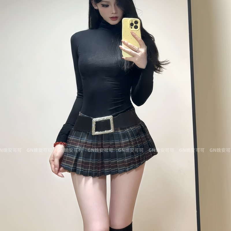 Jk Pure Desire Style Long-Sleeved Women's Autumn and Winter Plaid Pleated Short Skirt Black High-Neck Waist-Cinching Bottoming T-Shirt Home Wear Set