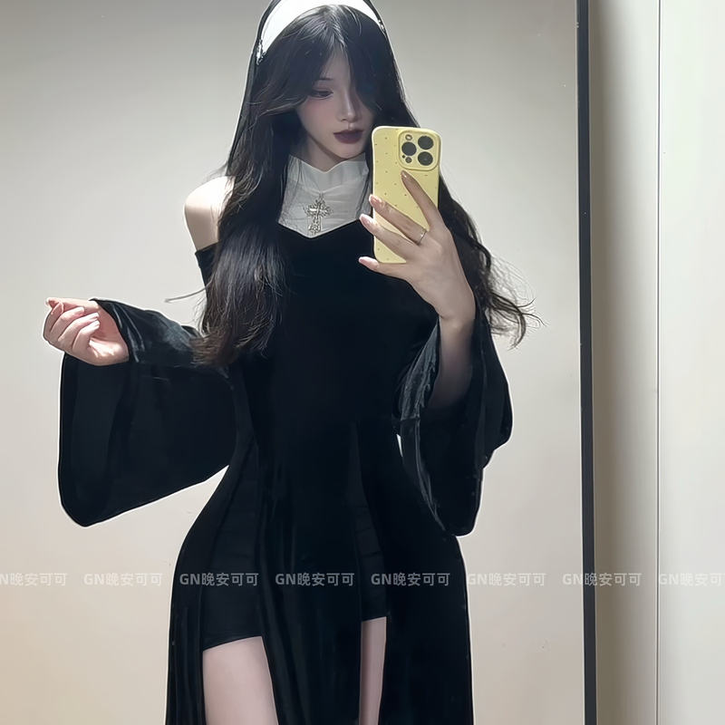 Halloween Costume Nun Holy Desire Sexy Cut-Out High-Slit Long Dress Off-Shoulder Dress Nun Costume Cosplay Set