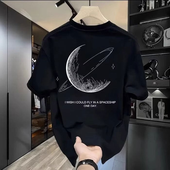 Kangshi Yishu Trendy Brand Moon-Themed Light Luxury Short-Sleeve T-Shirt for Men, Summer Loose Fit, Large Size, Heavy-Duty, Cool-Feeling Couple's Half-Sleeve