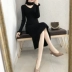 Mùa thu và mùa đông của phụ nữ đan váy dài tay đuôi cá váy trung đội đầm retro áo len mỏng giảm béo váy dài váy đầm dài dự tiệc Váy dài