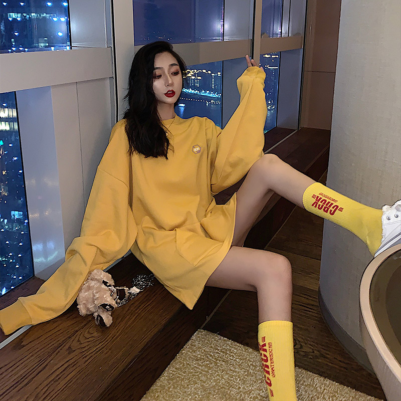 oversize set head sweatshirt woman 2022 new lazy wind long sleeve loose with long 100 100 hitch yellow blouses-Taobao