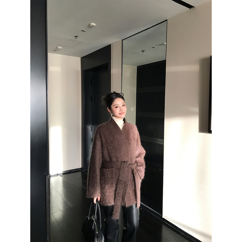 Aau Store Mocha Velvet Brushed Wool Coat Women's Cashmere Mulberry Silk Lace-Up Woolen Coat