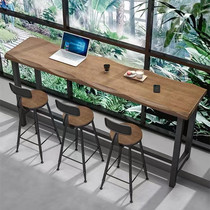 Nordic solid wood balcony bar table by the window all-in-one log milk tea shop long narrow high table and chair combination against the wall