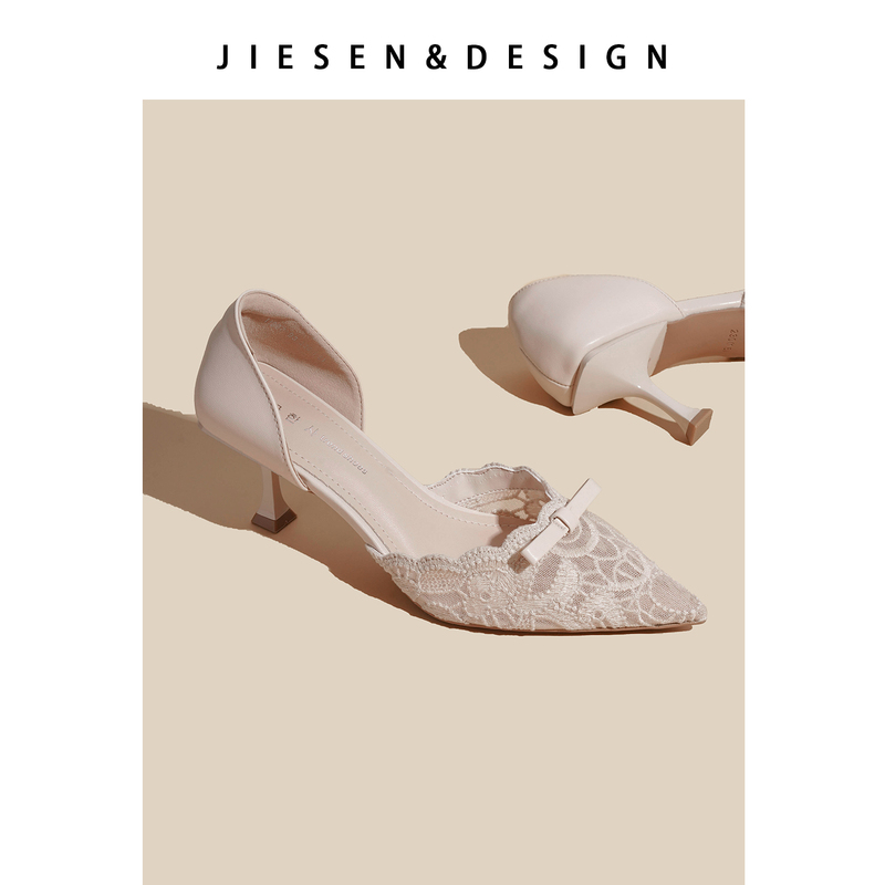 Jiesen~French-Style Pointed Toe Stiletto Heels with Hollow Lace Trim, Elegant and High-End, Suitable for Pairing with Dresses, Women's High Heels Jiesen~French-Style Pointed Toe Stiletto Heels with Hollow Lace Trim, Elegant and High-End, Suitable for Pairing with Dresses, Women's High Heels