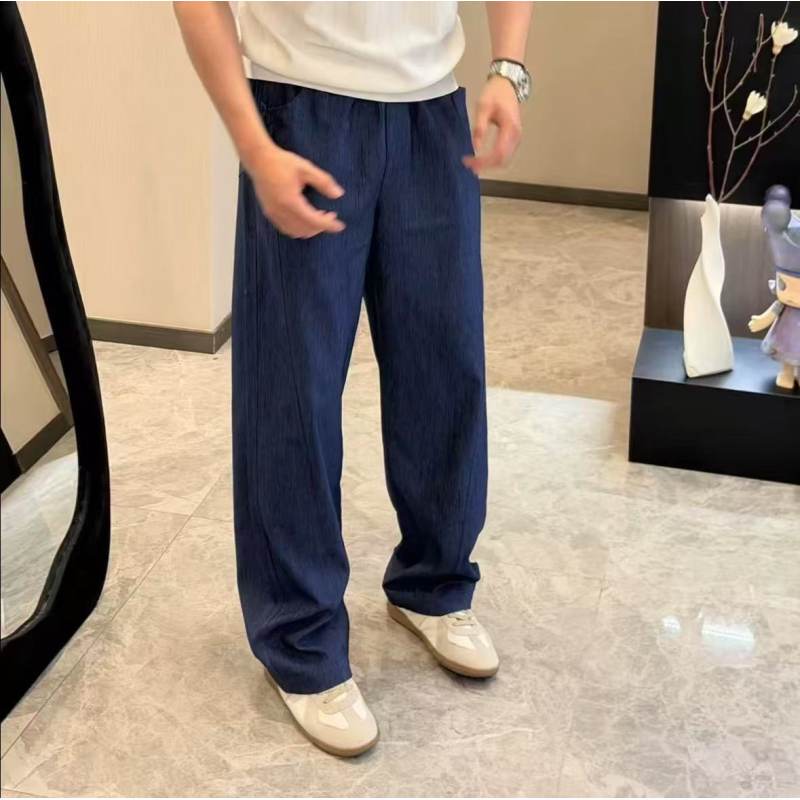 Justkingdom Summer Deep Sea Blue Faux Denim Ice Silk Drapey Straight-Leg Slightly Wide Old Money Style Casual Trousers