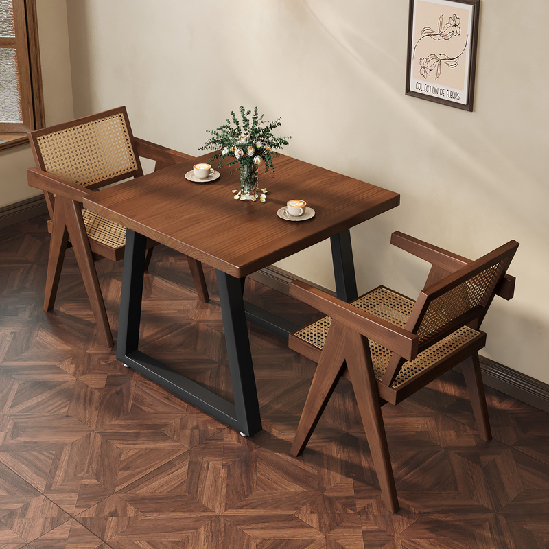 Bar, B&B, Milk Tea Cafe, Solid Wood and Iron Art Small Square Table, Dining Table, Commercial Snack and Barbecue Table and Chair Set 1007