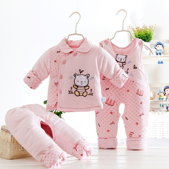 Thickened winter baby cotton coat set for 0-1 year old male and female babies 3-6 months old newborn cotton coat three-piece set