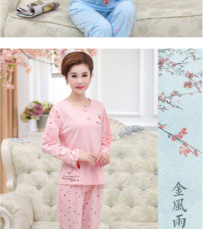 Mùa xuân và mùa thu các bà mẹ trung niên và cao tuổi bộ đồ ngủ cotton dài tay cho phụ nữ cao tuổi tại nhà cộng với bộ đồ hai mảnh cỡ lớn cho mẹ chồng cotton - Cha mẹ và con