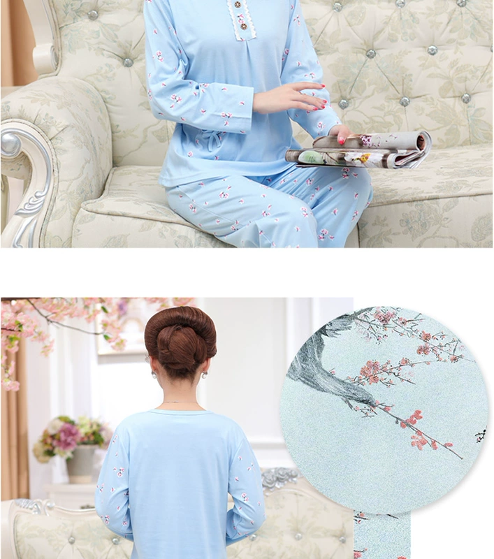 Mùa xuân và mùa thu các bà mẹ trung niên và cao tuổi bộ đồ ngủ cotton dài tay cho phụ nữ cao tuổi tại nhà cộng với bộ đồ hai mảnh cỡ lớn cho mẹ chồng cotton - Cha mẹ và con