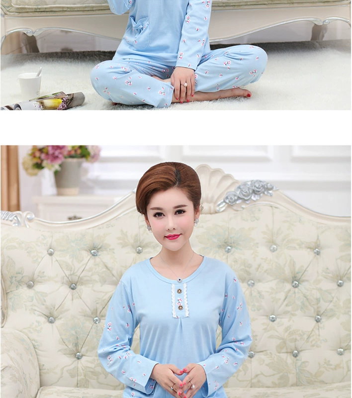 Mùa xuân và mùa thu các bà mẹ trung niên và cao tuổi bộ đồ ngủ cotton dài tay cho phụ nữ cao tuổi tại nhà cộng với bộ đồ hai mảnh cỡ lớn cho mẹ chồng cotton - Cha mẹ và con