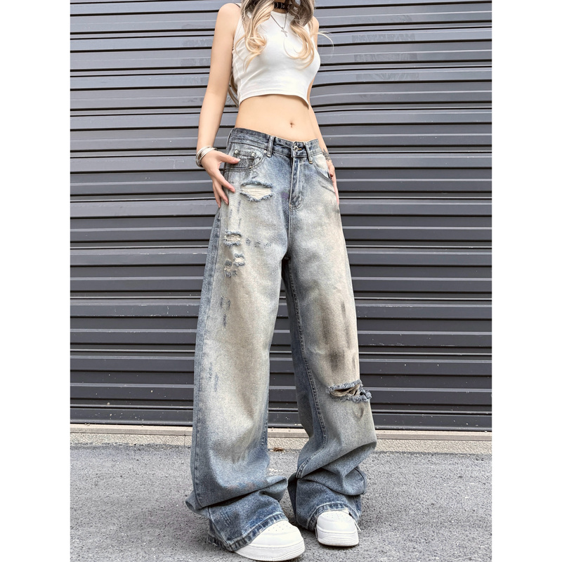 W3 New American-Style Wide-Leg Washed Ripped Blue Jeans for Men and Women, Vintage Straight-Leg Drape Design Long Pants W3 New American-Style Wide-Leg Washed Ripped Blue Jeans for Men and Women, Vintage Straight-Leg Drape Design Long Pants