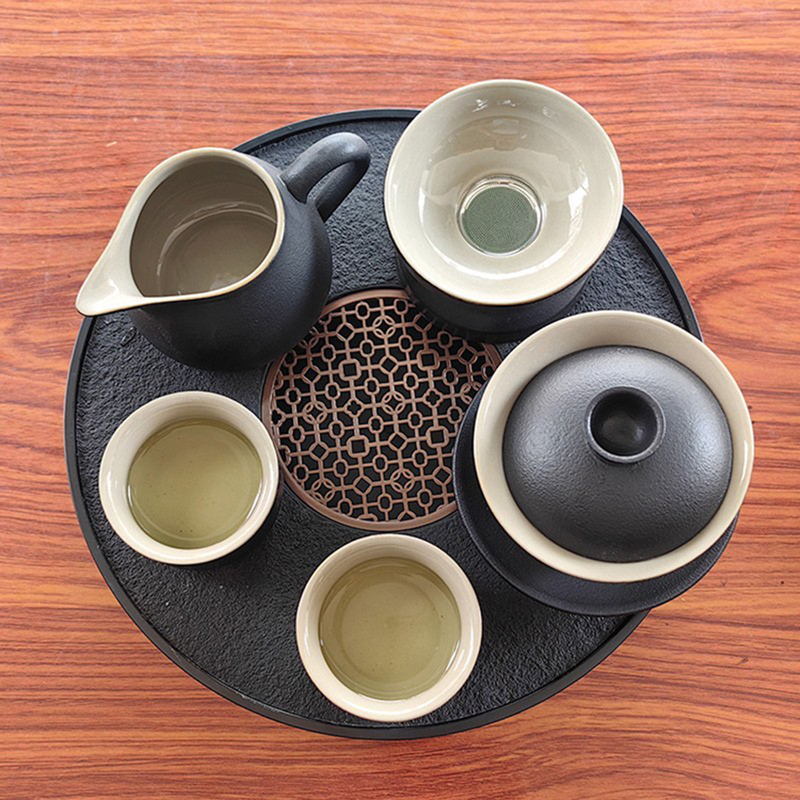 Ceramic Gaiwan Complete Kung Fu Tea Set for Home Use, Simple Black Pottery, Chinese Style, Premium Hotel Room Black Pottery Tea Cup