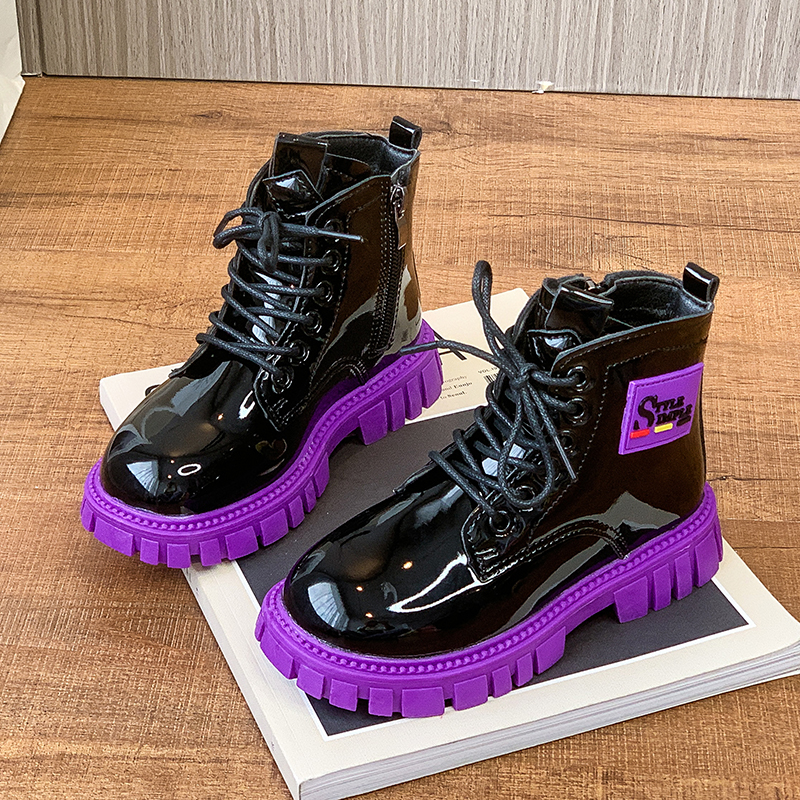 Hui Li girls martin boots autumn and winter new thick bottom Joker children's cotton boots English wind patent leather girls short boots