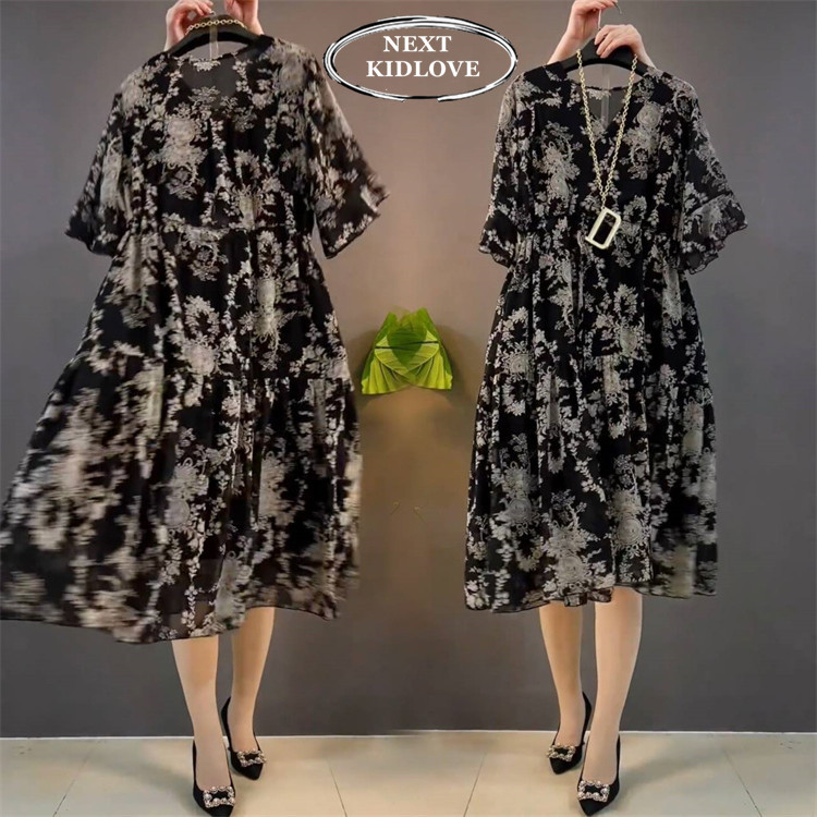 Hong Kong Plus-Size Women's Clothing, Floral V-Neck Dress, Tummy-Covering, Slimming, Loose A-Line Babydoll Mid-Length Dress, Thin Summer Style