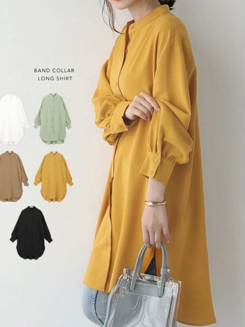 Cross-Border Japanese-Style Summer Hot-Selling Long-Sleeved Single-Breasted Stand-Up Collar Shirt with Double Side Slits, Loose Mid-Length Top for Women