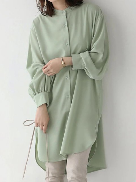 Cross-Border Japanese-Style Summer Hot-Selling Long-Sleeved Single-Breasted Stand-Up Collar Shirt with Double Side Slits, Loose Mid-Length Top for Women