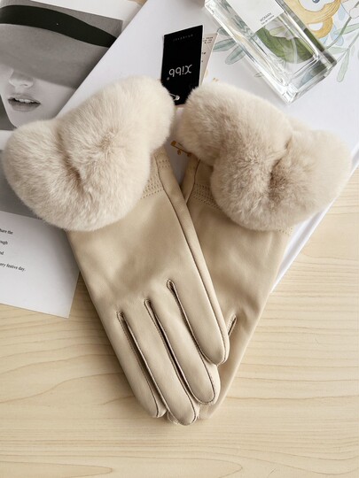 CalbouKimct genuine leather gloves for women in winter plus velvet to keep warm and elegant Rex rabbit fur button cotton sheepskin gloves to protect against cold