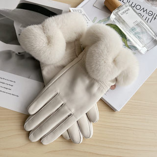 Calboukimct Genuine Leather Gloves for Women, Winter Fleece-Lined, Warm and Elegant, with Rex Rabbit Fur Buttons, Cotton Sheepskin Gloves for Cold Protection