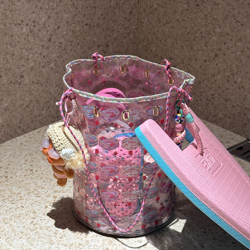Pink Cake Transparent Swimming Bag for Women, Waterproof Storage Bag, Summer Swimming Equipment Special Bag, Single Shoulder Crossbody Bag