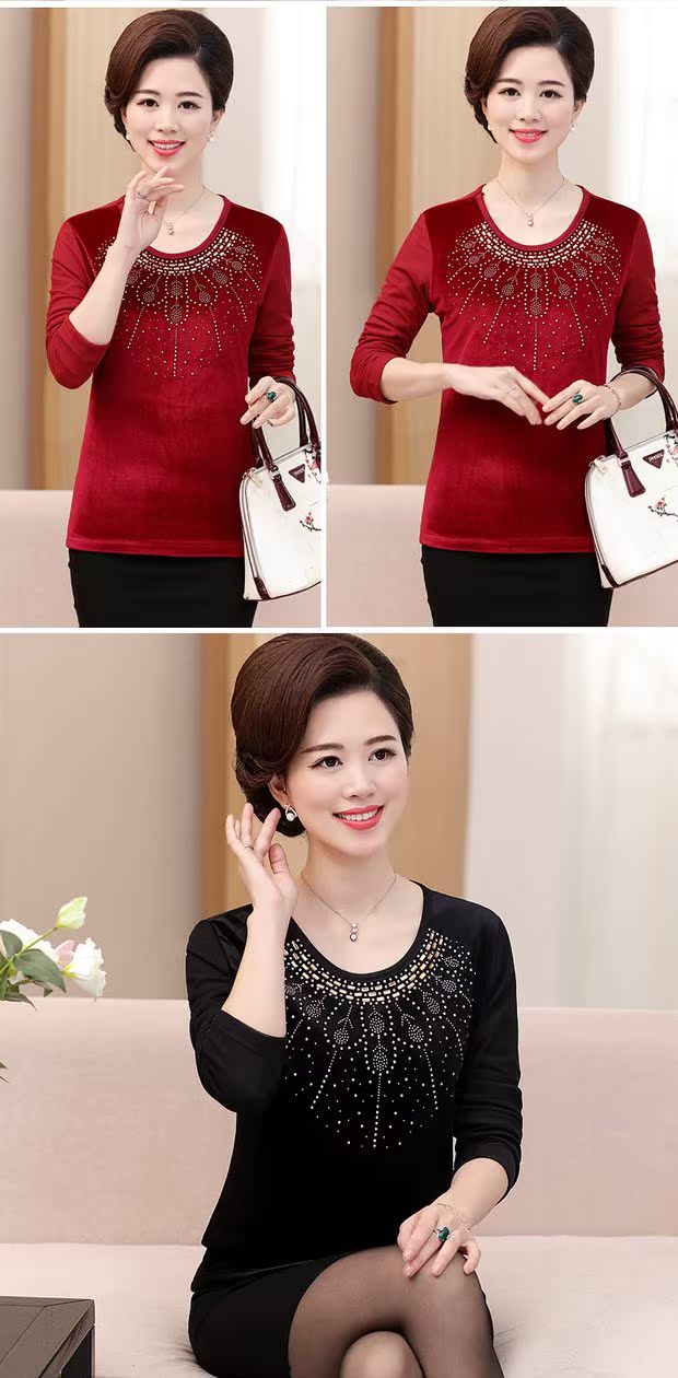 Thời trang trung niên của phụ nữ thời trang dài tay áo thun nhung vàng cộng với quần áo nhung ấm áp mẹ tải áo dày cỡ lớn áo kiểu nữ trung niên