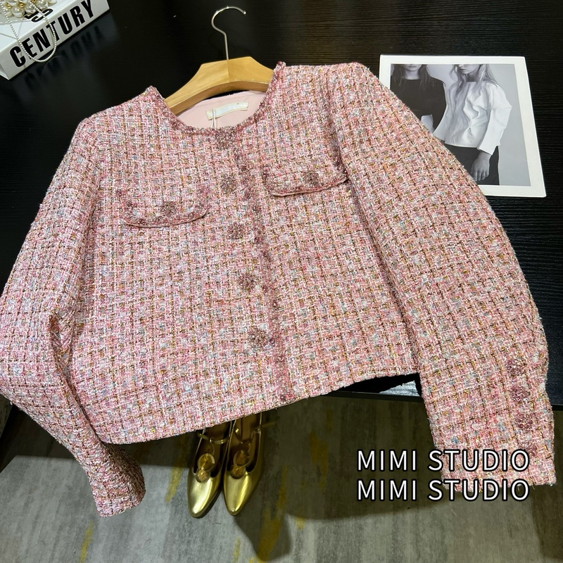 French-Style Light Luxury Tweed Jacket for Women, 2026 Autumn New Heavy Beaded Wool Tweed Pink Short Jacket