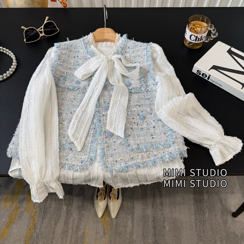 French-Style Tweed Vest Shirt Layered Look 2026 Spring/Summer Fashion Socialite Elegant Tweed Vest Top