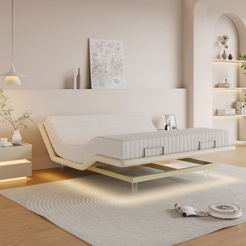 Multifunctional Voice-Controlled Electric Smart Bed for Small Apartments, Fully Automatic Backless Leather Double Bed, Adjustable Height Floating Bed