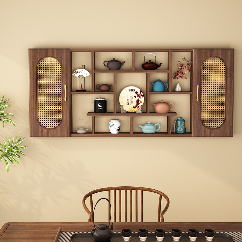 Solid Wood Chinese-Style Wall-Mounted Shelf, Partition, Multi-Purpose Display Cabinet, Rattan Door Hanging Wall Decoration, Simple Tea Set Cabinet Solid Wood Chinese-Style Wall-Mounted Shelf, Partition, Multi-Purpose Display Cabinet, Rattan Door Hanging Wall Decoration, Simple Tea Set Cabinet