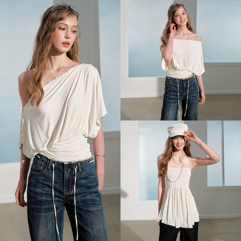 In Stock Recoin R1C One-Piece Three-Way Wear Summer Outerwear Vest for Women, Off-Shoulder, Waist-Cinching, Asymmetrical Shoulder T-Shirt Top