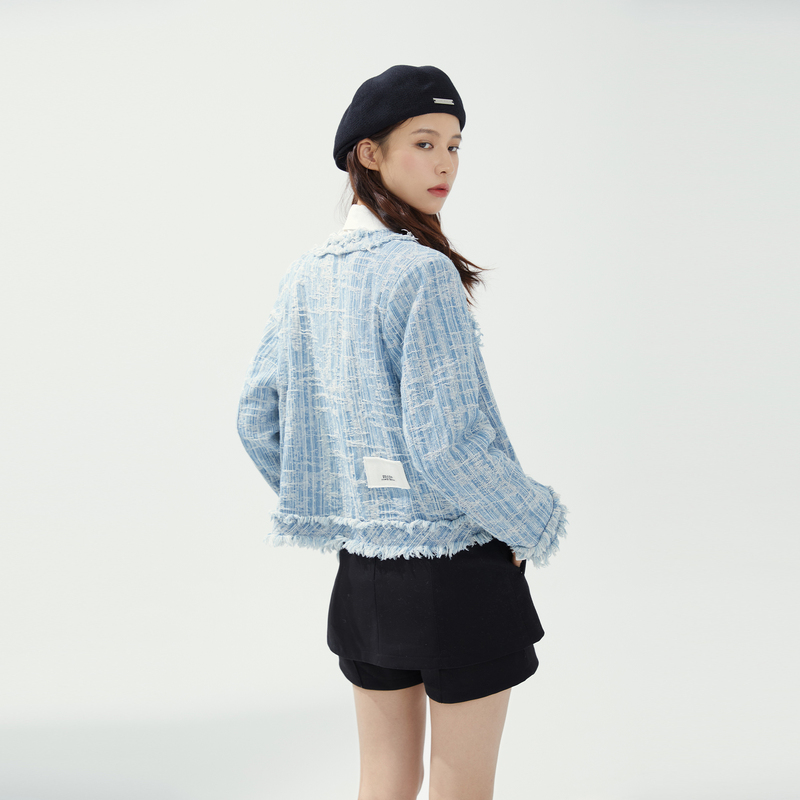 Recoinr1C Blue Tassel Chanel-Style Denim Jacket for Women 2025 New Short Petite Jacket Top