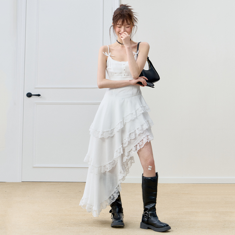 Recoinr1C White Vacation Dress for May Day Travel, Asymmetrical Long Suspender Dress, Beach Dress