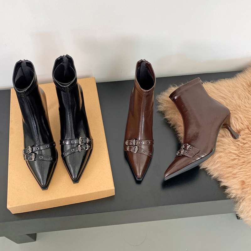 Belt Buckle Pointed Toe Short Boots 2024 Autumn Korean Style New Stiletto Sexy Chelsea Boots Shiny Leather Fashion Boots