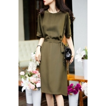 RAGR high waist line good proportion 30MM heavy crepe high craftsmanship round neck tie jumpsuit