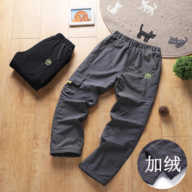 Winter boys' assault pants, big children's plush fleece, warm and thick, casual overalls, outdoor waterproof and windproof pants, loose