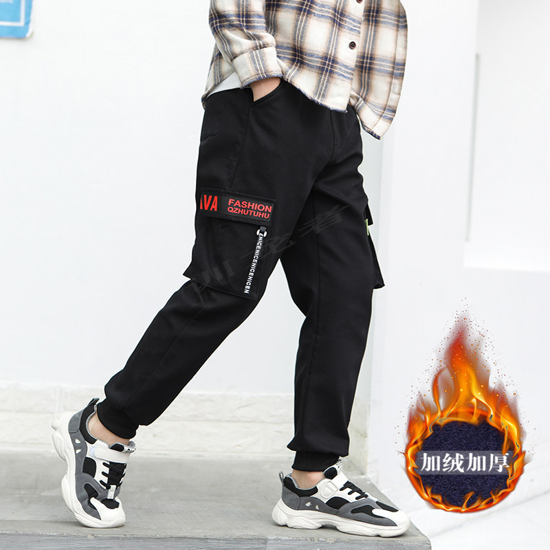 Winter boy's pure cotton overalls plus velvet thickened to keep warm middle and big children's all-in-one velvet Korean casual pants trousers
