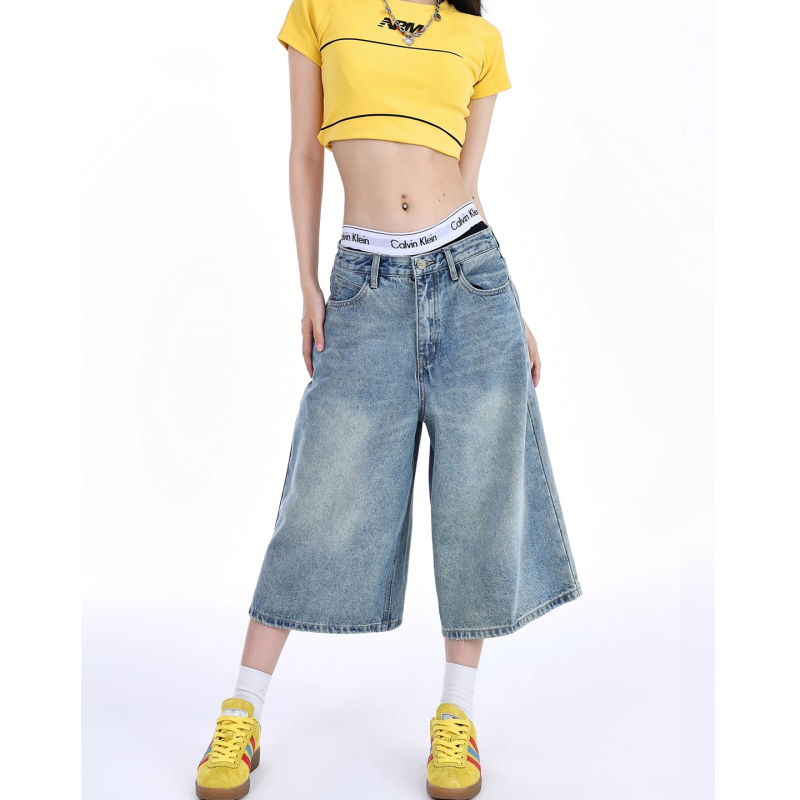 American Retro Straight-Leg Denim Capri Pants for Women, Spring and Summer Thin Style, 2026 New Versatile Loose Slimming Five-Point Shorts