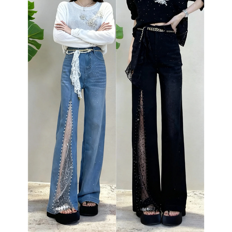 Lace Cut-Out Patchwork Jeans for Women, Spring/Summer Thin Style, 2026 New High-Waisted Loose Straight Wide-Leg Flared Pants