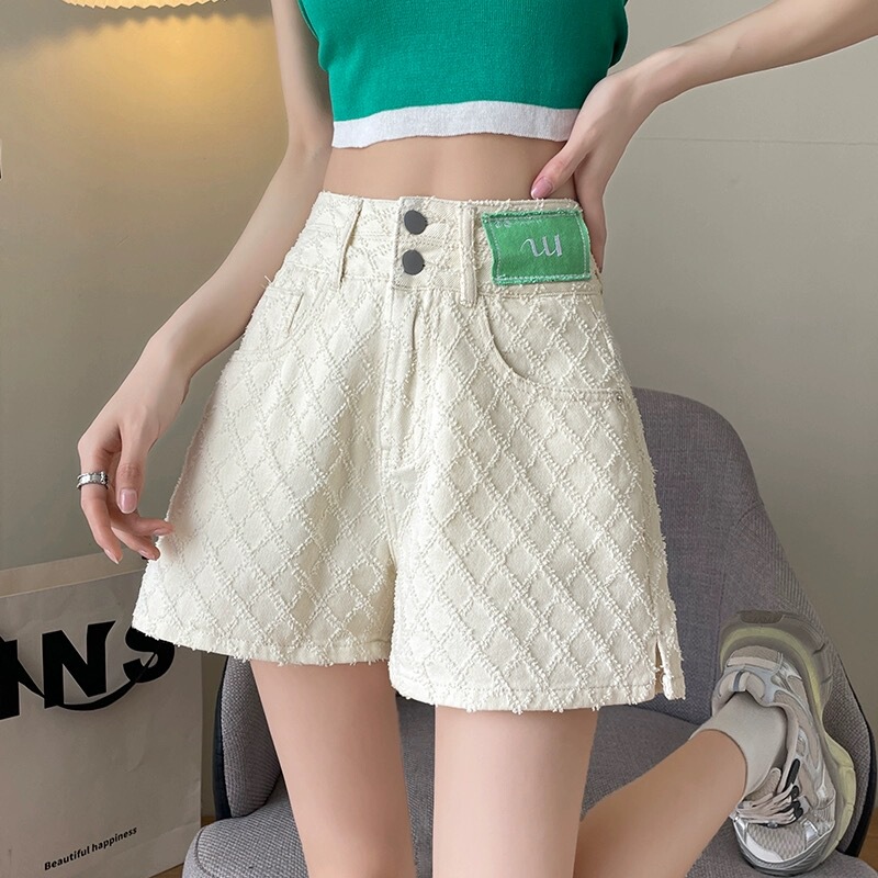 Apricot High-Waisted Jacquard Denim Shorts for Women, Spring and Summer Thin Style, 2026 New Loose Slimming White A-Line Hot Pants