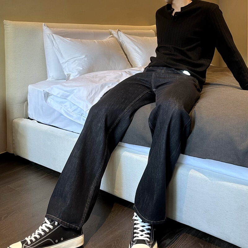 「Solid Color Raw Denim」 1.9m Tall Men's Extra Long Autumn/Winter Heavyweight Straight-Leg Non-Fading Original Color Jeans