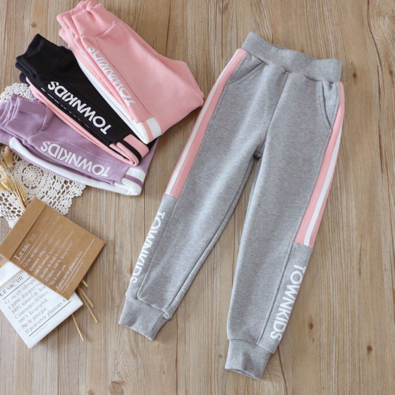 Girl Sports Pants Spring Autumn Spring Style New Tide Plus Suede Middle School Children Little Girl Children Casual Pants Pants