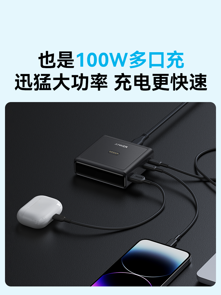 Ankerprime Anker 100W Charger Multi-Port Magnetic Base Typec Fast Charging Plug Suitable for iPad Apple 16 iPhone 15 Promax Mobile Phone MacBook Laptop
