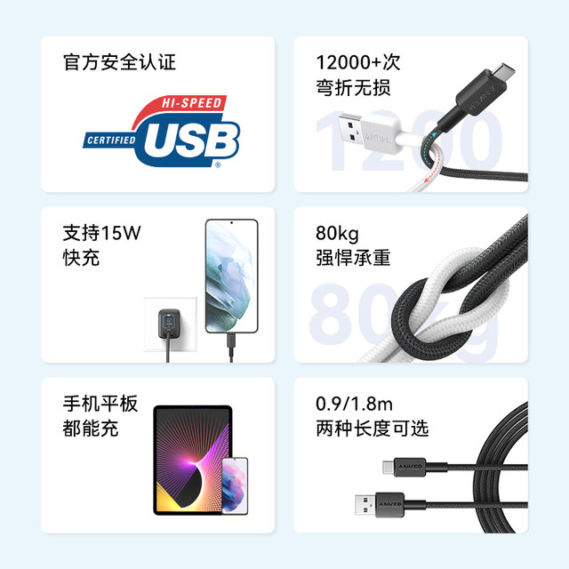 Anker Carplay data cable adapts to Apple 15 charging cable iphone15 car fast charging charger cable USB-A to typec Android Huawei ATOC mobile phone charging set