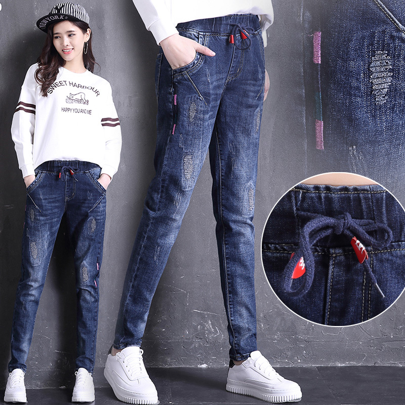 Spring and Autumn Elastic Waist Tie-Up Jeans for Women, High-Waisted, Plus-Size, Loose Casual Harem Pants, Embroidered Slim-Fit Long Pants for Students