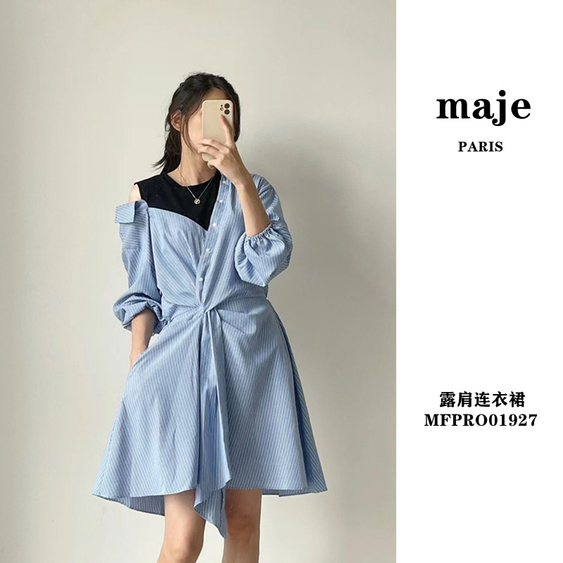 maje Irregular strapless Striped Fake Two Shirt Dress Waist Dress 21 Summer mfpro01927