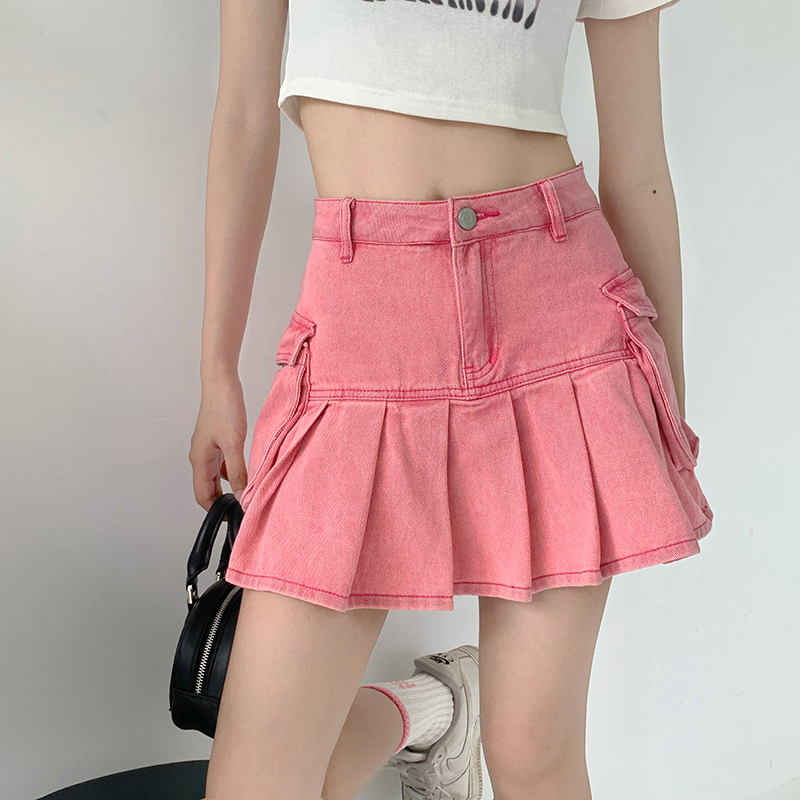 Wardrobe Pink Denim Skirt Pants for Women Summer Sweet Cool Style High-Waisted A-Line Pleated Short Skirt Trendy Wardrobe Pink Denim Skirt Pants for Women Summer Sweet Cool Style High-Waisted A-Line Pleated Short Skirt Trendy