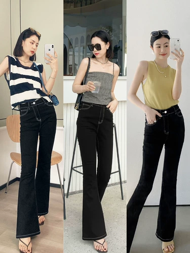 美洋 MEIYANG [Готовый сток] Брюки-клеш с резной нитью, утягивающие и более высокие, слегка расклешенные джинсовые брюки с контрастной яркой ниткой.