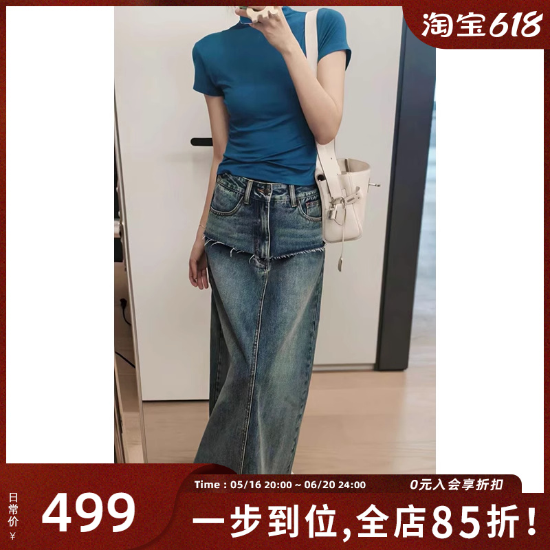 梅陽MEIYANGブルーカーテンデニムスカートデニム復活〜フェイクツーピースローエッジスリットミディスカート - 木曜日