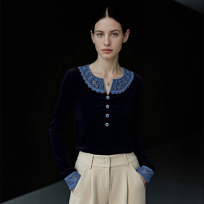 French Retro Black Shirt for Women, Long-Sleeved Lace Patchwork, Elegant Workwear, High-End Tops, Early Autumn Shirts French Retro Black Shirt for Women, Long-Sleeved Lace Patchwork, Elegant Workwear, High-End Tops, Early Autumn Shirts